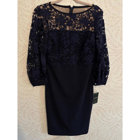 NWT Lauren Ralph Lauren Lace Balloon Sleeve Sheath Dress - Picture 2 of 8